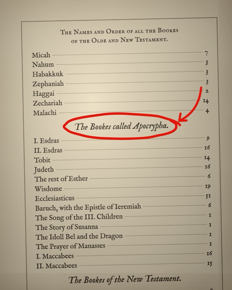 The 1611 King James Bible table of contents listing the Bookes called Apocrypha